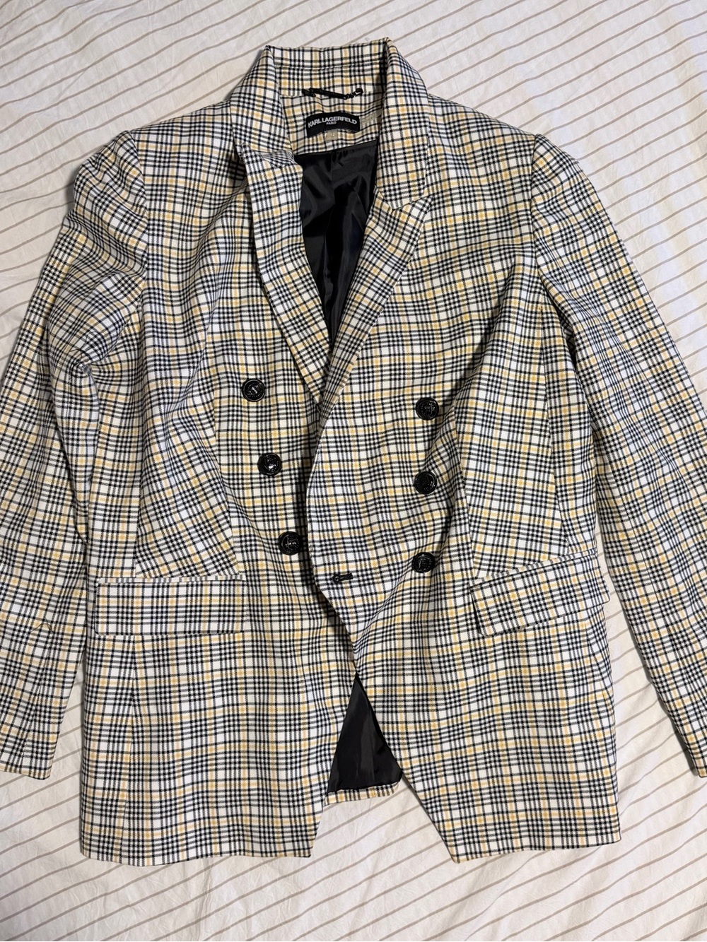 Karl Lagerfeld Cream, Black & Yellow Plaid Double-Breasted Women’s Blazer size L